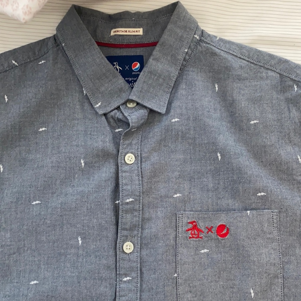 Penguin blue button up short sleeve shirt